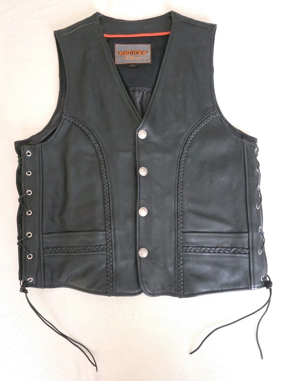 Unik Ultra Men's Black Leather Motorcycle Vest Buffalo Nickel Buttons Size L